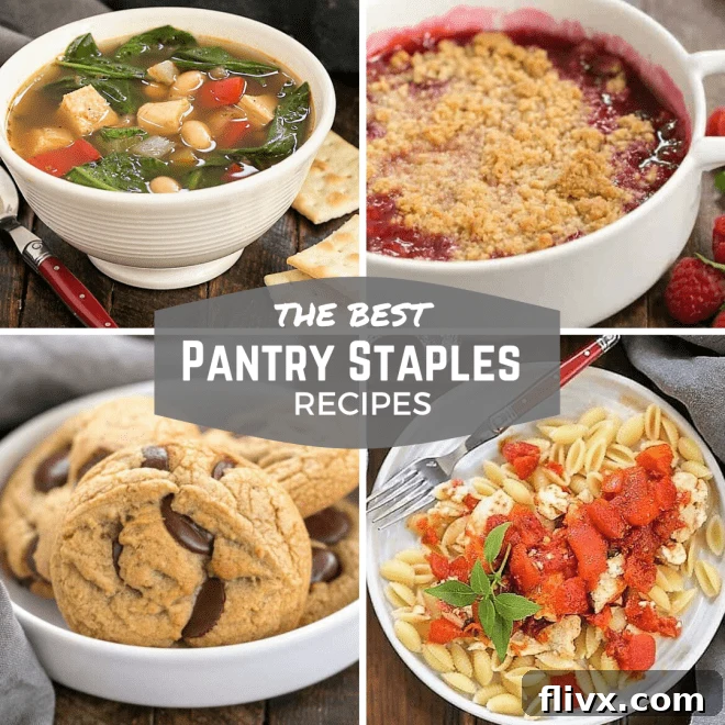 Pantry recipes images and text collage, showcasing ingredients and finished dishes