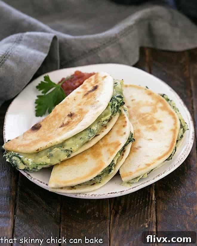 Three perfectly halved, golden-brown quesadillas artfully arranged on a pristine round white plate, garnished with a fresh sprig of parsley and a vibrant side of salsa, ready to be savored.