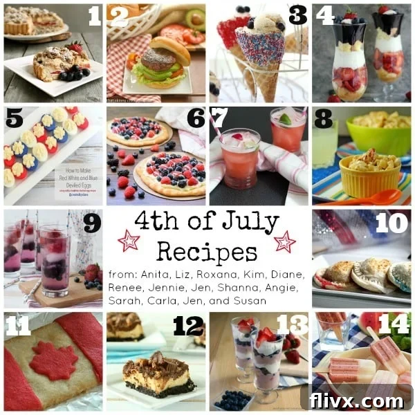 A vibrant photo collage of various 4th of July themed recipes, showcasing patriotic desserts and dishes.