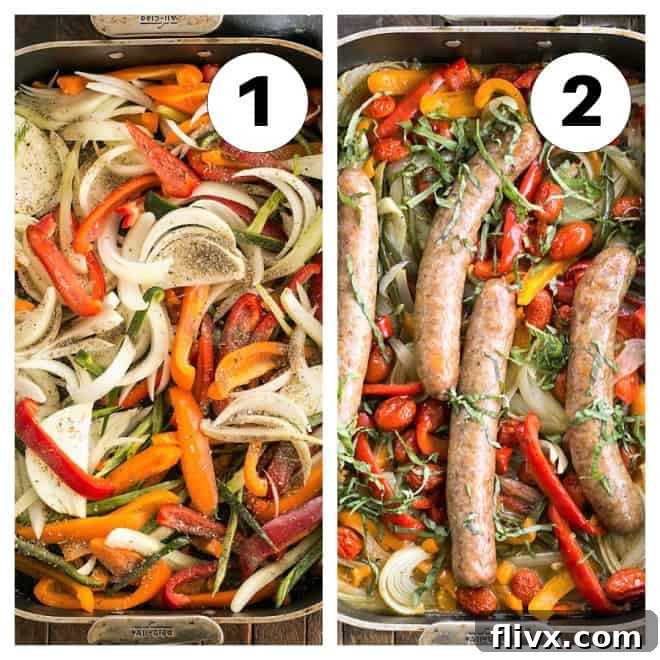 Process shots of how to make sheetpan sausage and peppers.