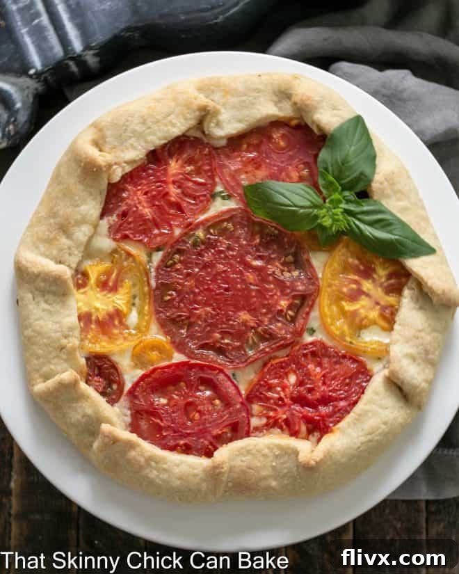Overhead close-up view of a baked Cheese and Tomato Galette on a white cake stand. Fresh basil leaves garnish the top, highlighting the vibrant colors and rustic appeal of this savory summer tart.