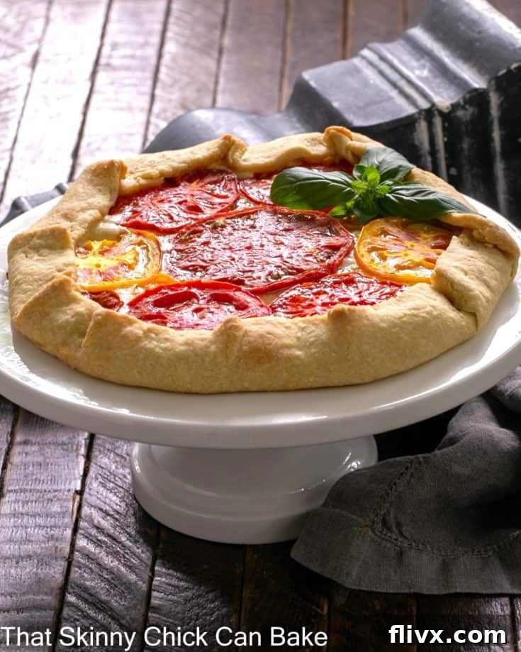 A delicious Cheese and Tomato Galette recipe shown on a white cake stand, ready to be served. The rustic golden crust and fresh basil garnish hint at its savory summer flavors.