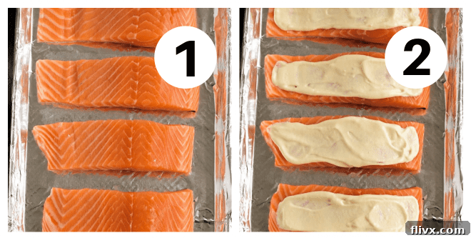 Roasted Salmon process shots illustrating the initial seasoning of salmon fillets with salt and pepper, followed by the generous application of the creamy Dijon mayonnaise topping.