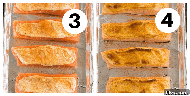 Roasted salmon process shots showcasing the optional sprinkle of paprika for color, followed by the salmon fillets being placed in the oven for roasting.