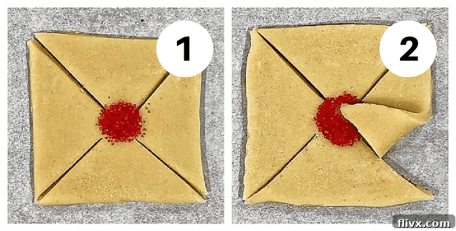 Two process shots showing the initial steps for making Poinsettia Cookies: cutting the dough squares and adding sprinkles, then making diagonal cuts.