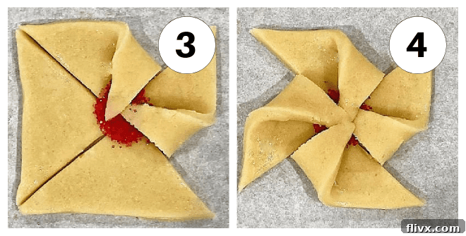 Two process shots illustrating the final steps of Poinsettia Cookie shaping: folding alternate points and pressing the center.
