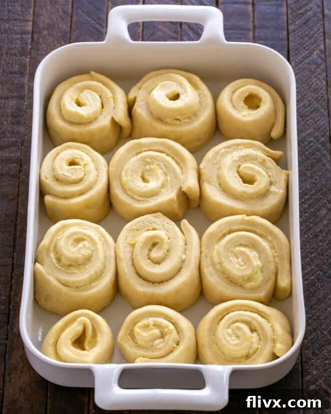 Fluffy Orange Glazed Rolls 16 Orange rolls proofed until they have doubled in size and are touching each other in the baking dish.