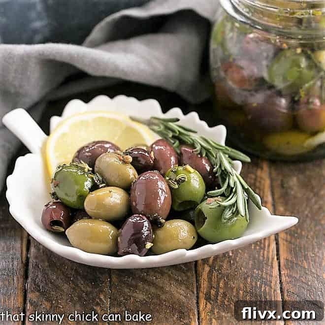 French Herbed olives in a leaf dish