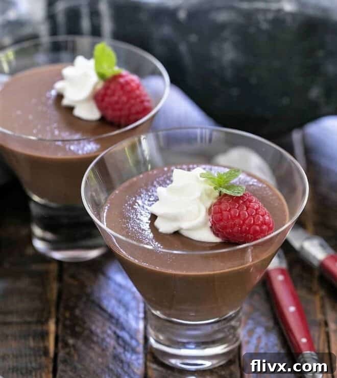 Individual servings of Italian chocolate pudding in ramekins, ready for chilling and then garnishing before serving to guests.