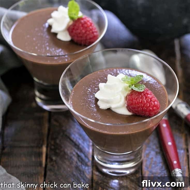 A stunning shot of Italian chocolate pudding served in elegant glass dishes, beautifully garnished with fresh whipped cream and vibrant berries, highlighting its rich and inviting texture.