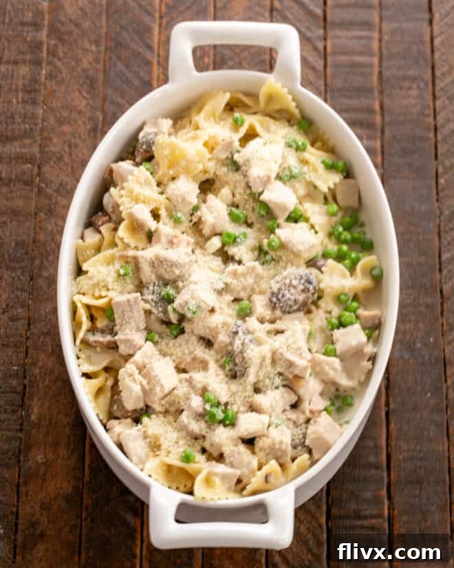 The assembled Turkey Tetrazzini mixture, nestled in a casserole dish and topped with grated Parmesan, poised to be baked to golden perfection.