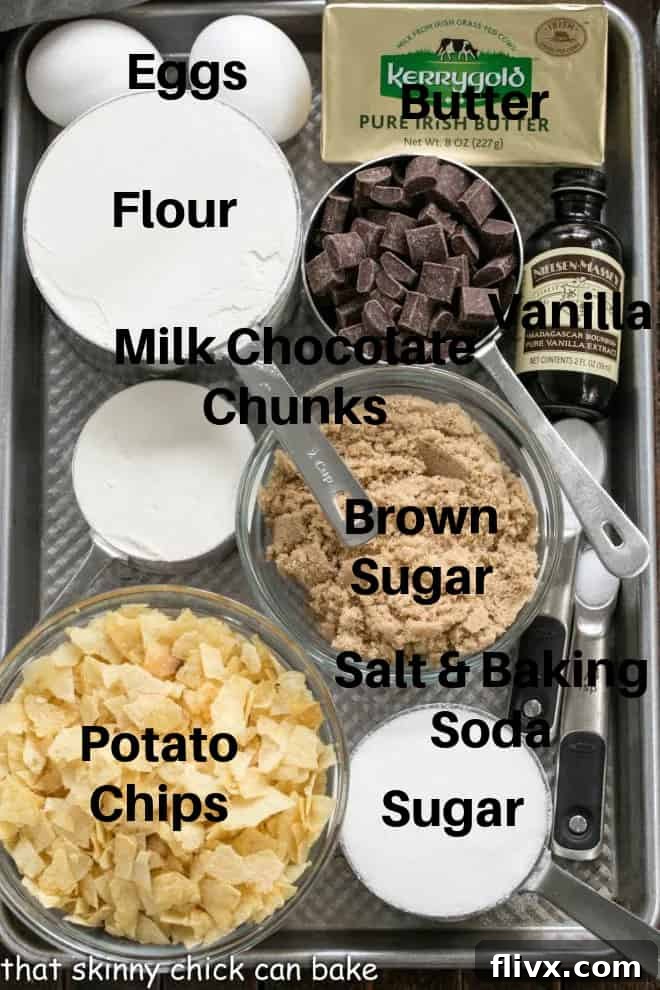 Chocolate Chunk Potato Chip Cookie ingredients labeled on a sheet pan, showcasing fresh, high-quality components.