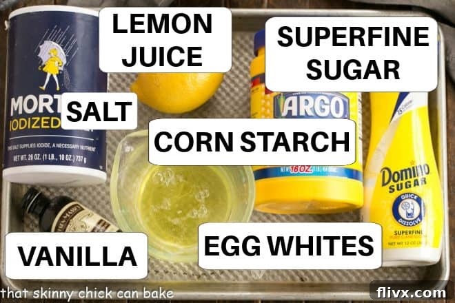 Christmas Cloud Wreath 3 Labeled ingredients on a metal sheet pan for a wreath pavlova.