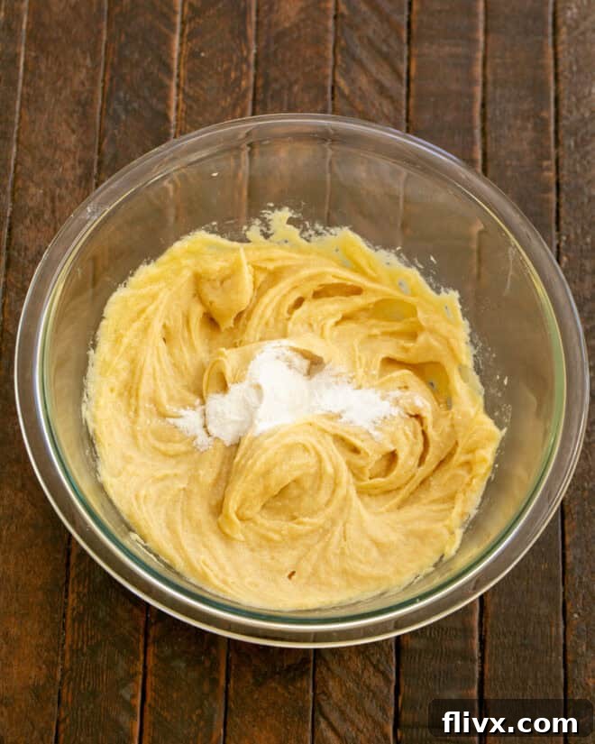 Step 3: Mix in the vanilla extract, followed by the baking soda and salt, ensuring even distribution throughout the dough.