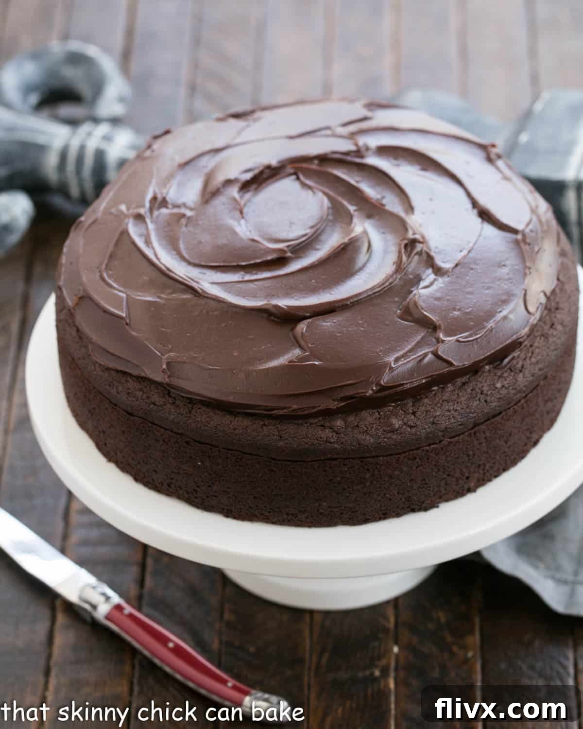 One layer chocolate cake with ganache frosting on a white cake stand.